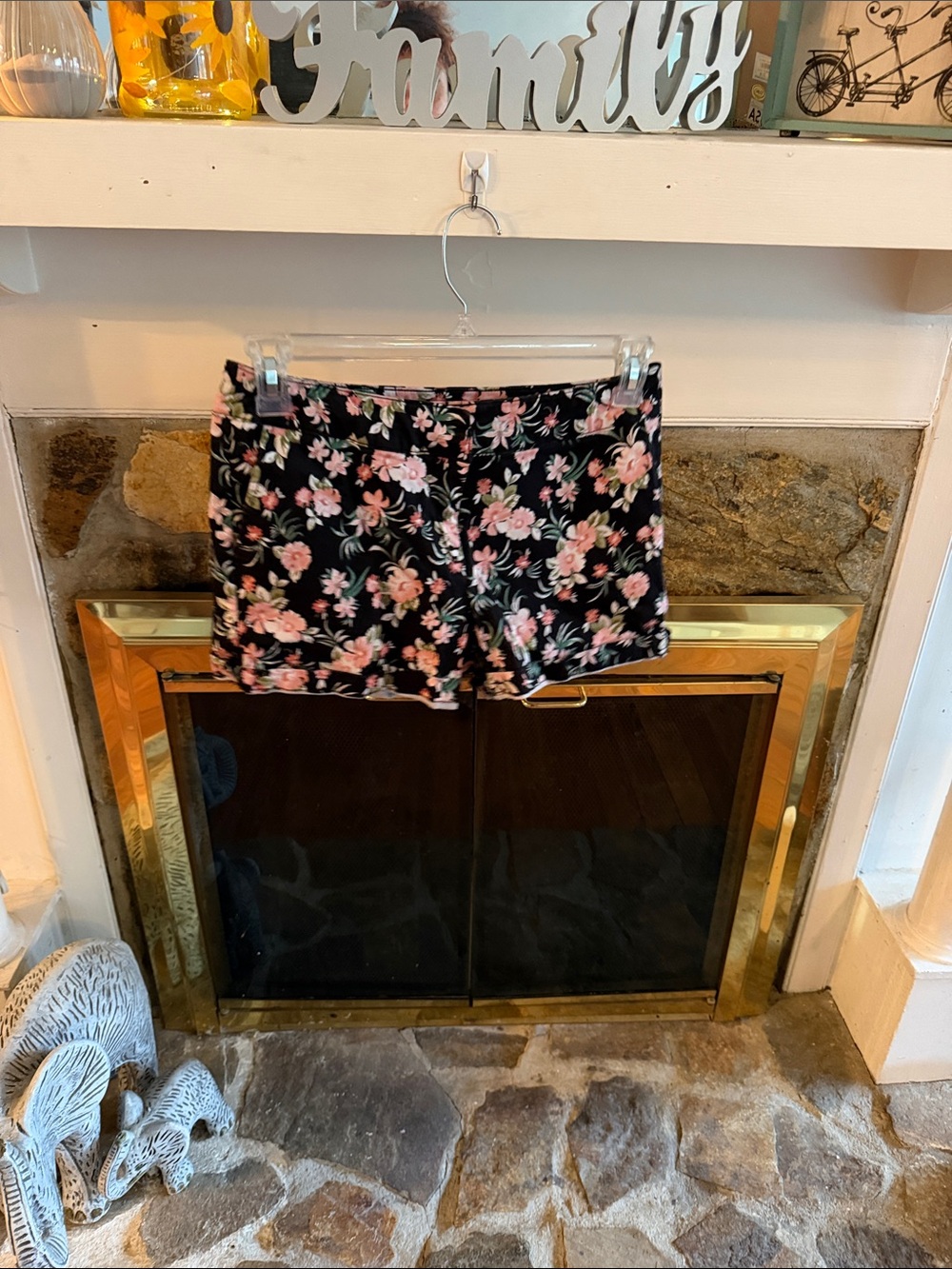 High-Waist Black Floral Shorts with Pink Flowers